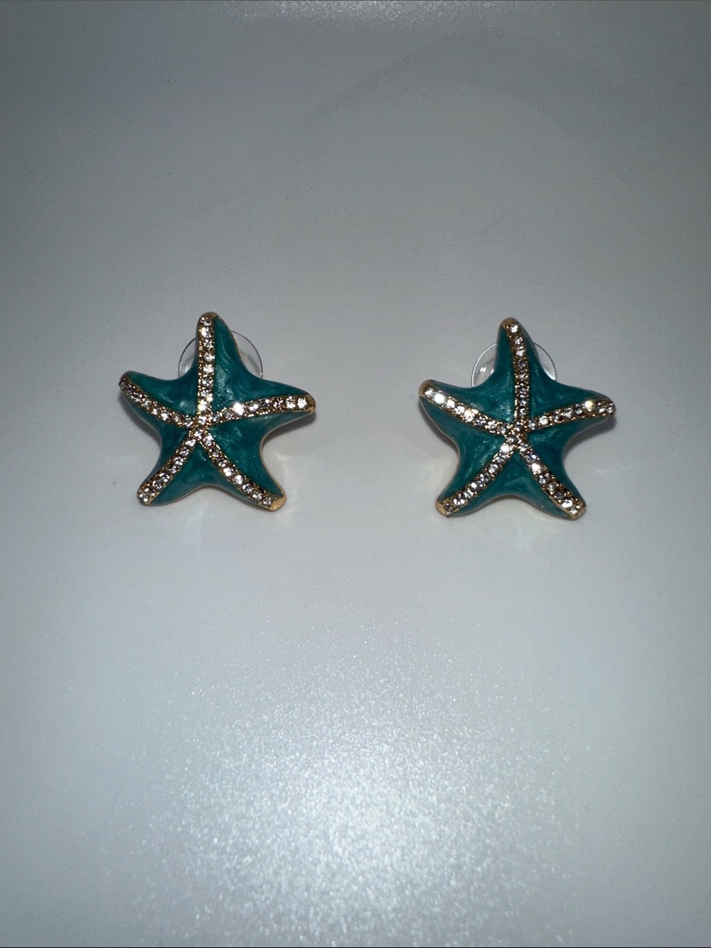 Teal Starfish Stud Earrings with Rhinestone Accents